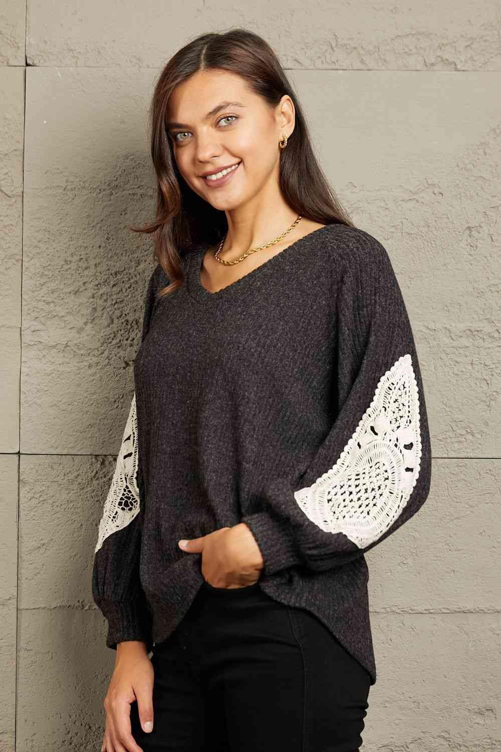 Sew In Love Full Size Lace Patch Detail Sweater