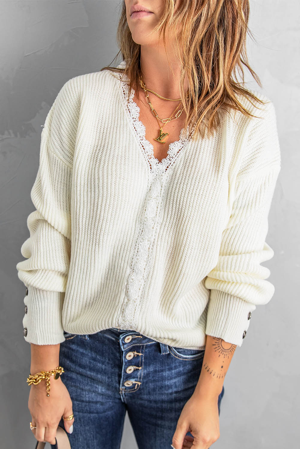 Lace Trim V-Neck Button Cuff Rib-Knit Sweater