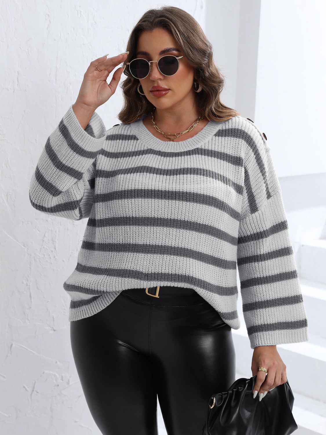 Plus Size Striped Dropped Shoulder Sweater