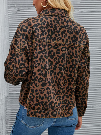 Leopard Button Up Dropped Shoulder Denim Jacket