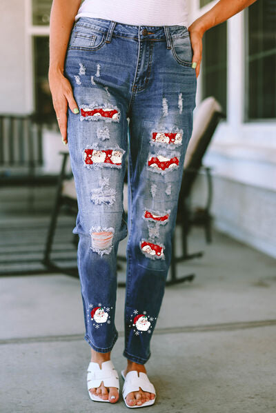 Santa Graphic Distressed Jeans with Pockets
