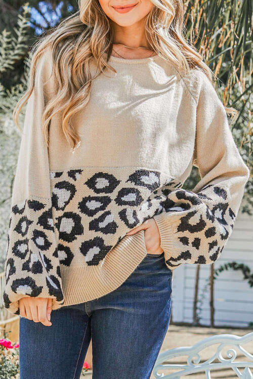 Round Neck Leopard Print Stitched Long-Sleeved Sweater