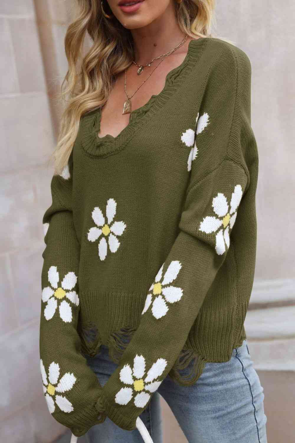 Flower Distressed Ribbed Trim Sweater