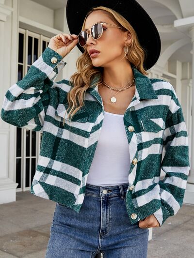 Plaid Button Up Pocketed Jacket