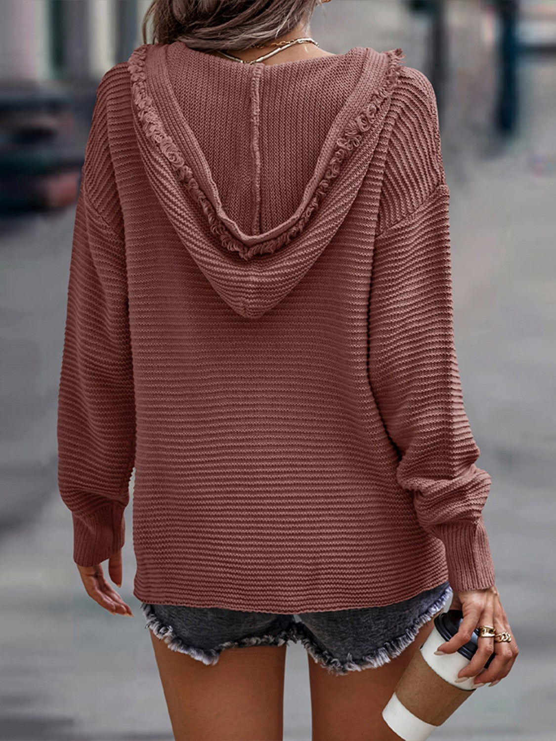 Horizontal Ribbing Hooded Sweater