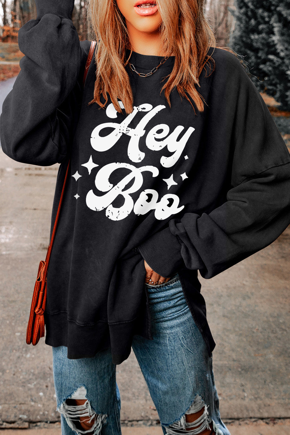 HEY BOO Graphic Round Neck Sweatshirt