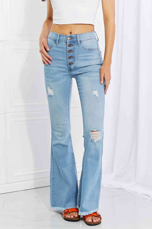 Vibrant MIU Full Size Jess Button Flare Jeans