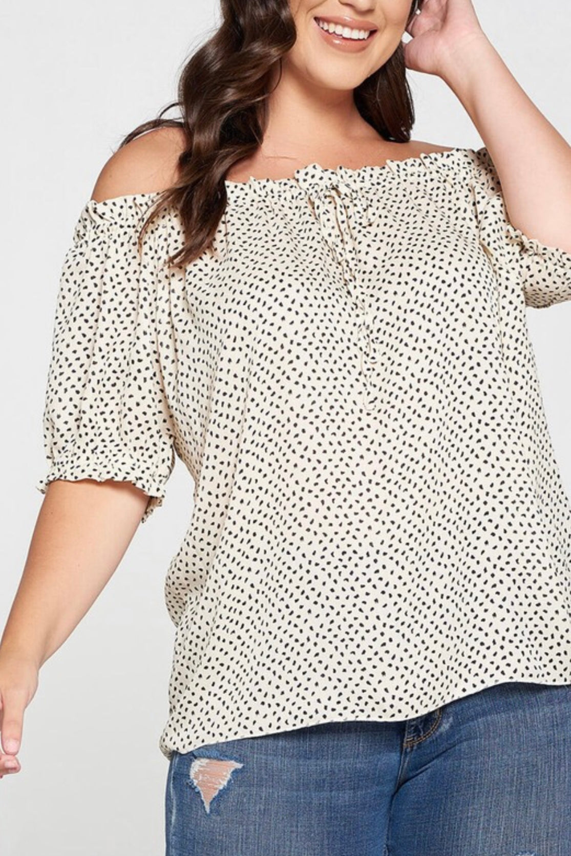 PLUS Smocked Dot Print Off The Shoulder Blouse (PRE-ORDER)